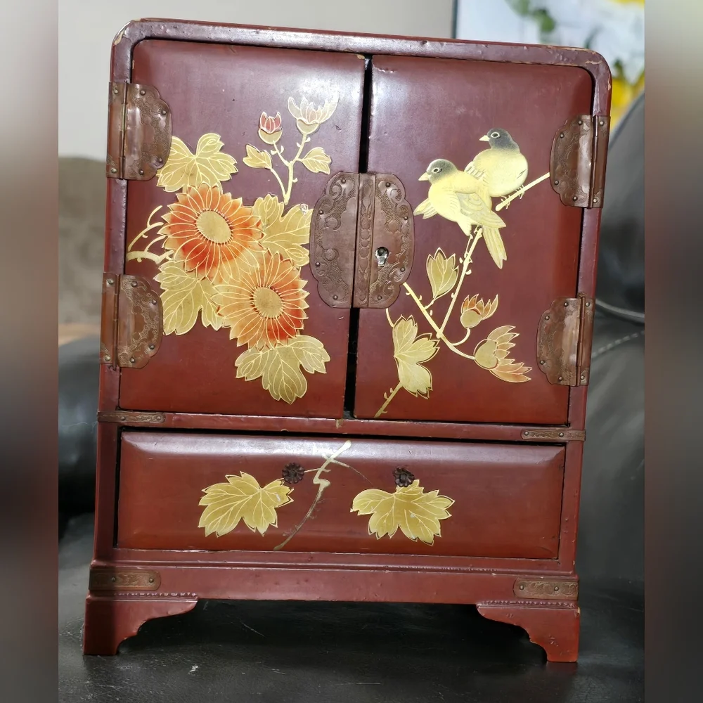 Vintage Japanese Wooden Table Cabinet Handpainted Floral & Bird Design Kodansu